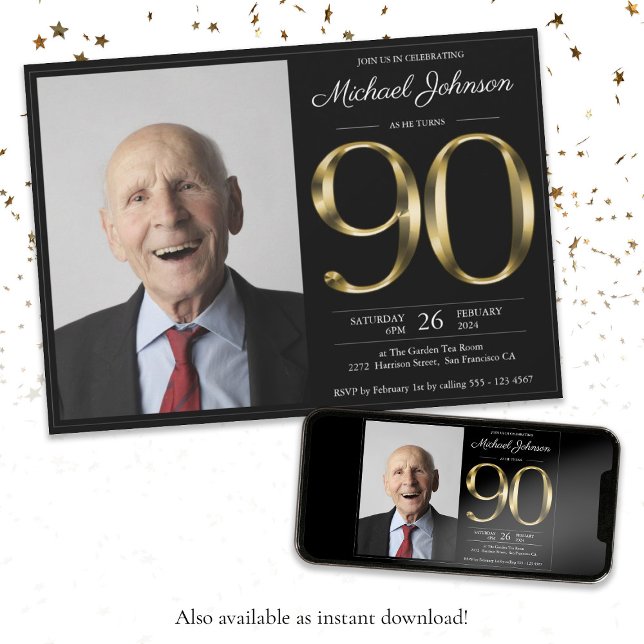 Black Guld Anpassningsbar Photo 90:e Födelsedagsfe Inbjudningar (Black Gold 90th Birthday Chic Classy Custom Photo Invitation)