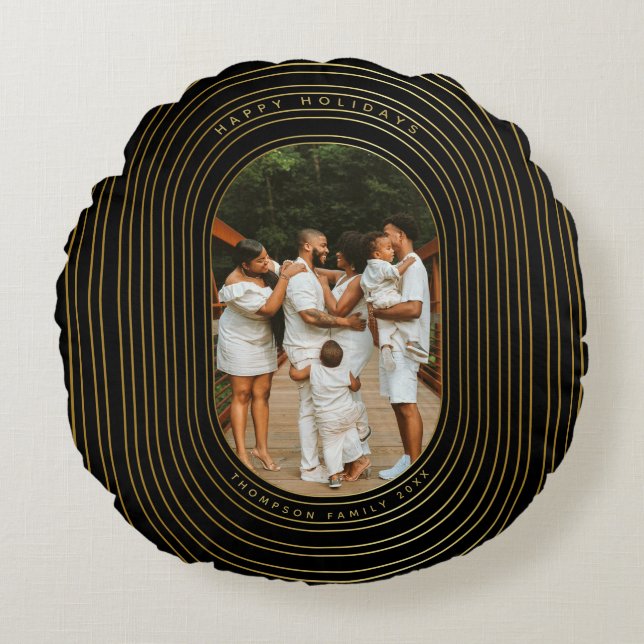 Black Guld Anpassningsbar Photo Family jul Rund Kudde (Framsidan)