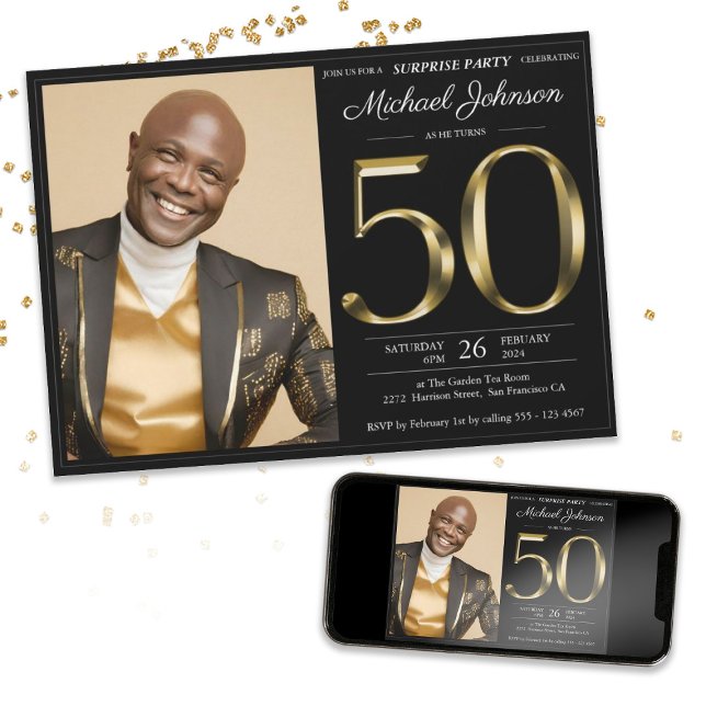Black Guld Anpassningsbar Photo Surprise 50:e föde Inbjudningar (Surprise 50th Black Gold Custom Photo Birthday Invitation)