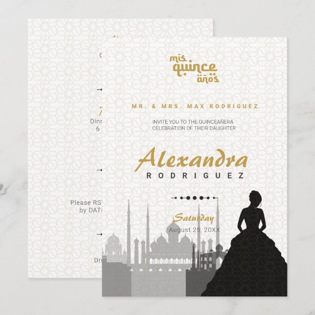 Black & Guld Arabian Quinceañera Photo Inbjudningar (Fram/baksida)