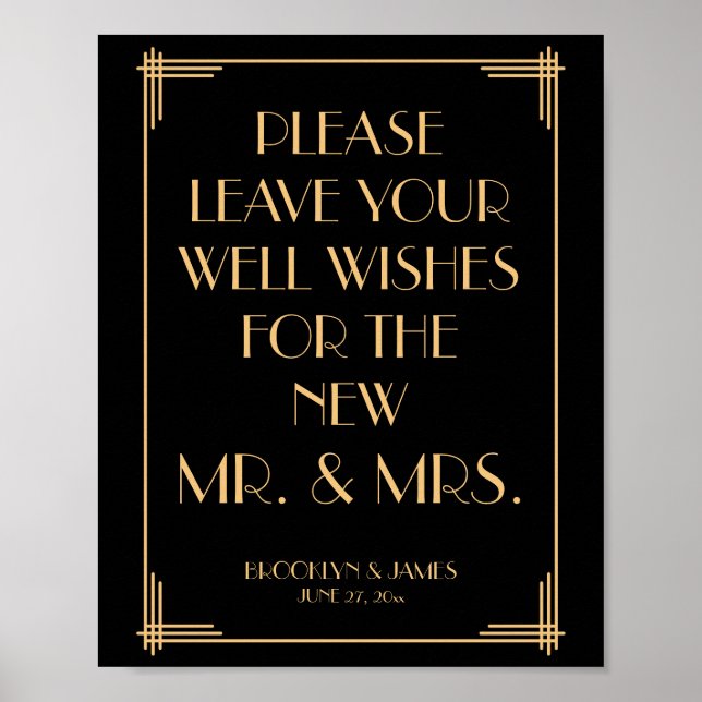 Black Guld Art Deco Gatsby Guestbook Sign 8x10 Poster (Framsidan)