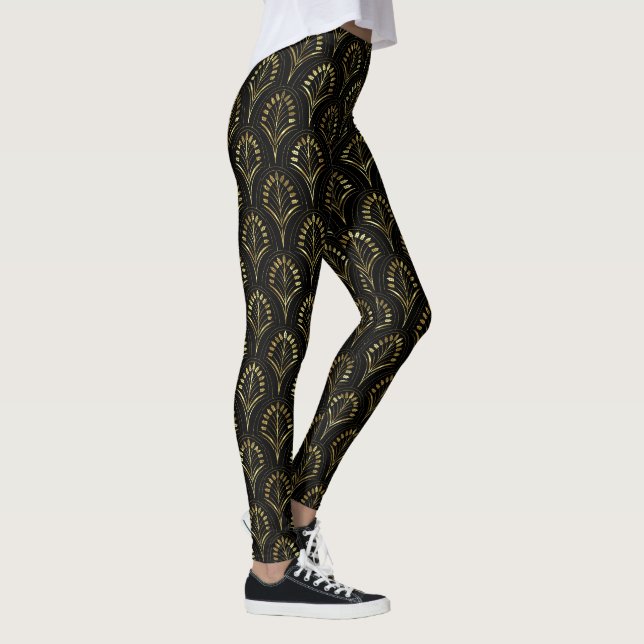 Black & Guld Art Deco Mönster Leggings (Höger)