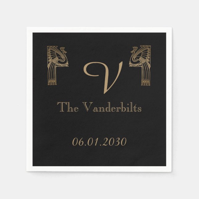 Black Guld Art Deco Peacock Bröllop Pappersservett (Framsidan)