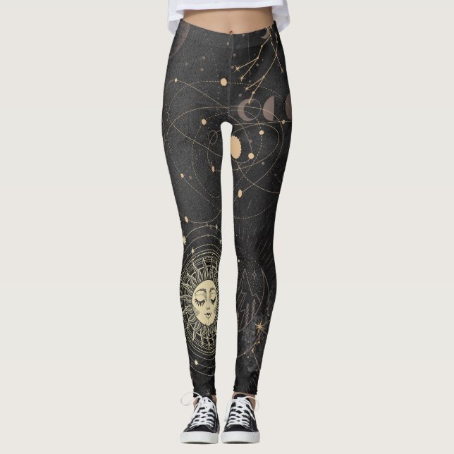 Black Guld Astrological Mönster Leggings (Framsida)