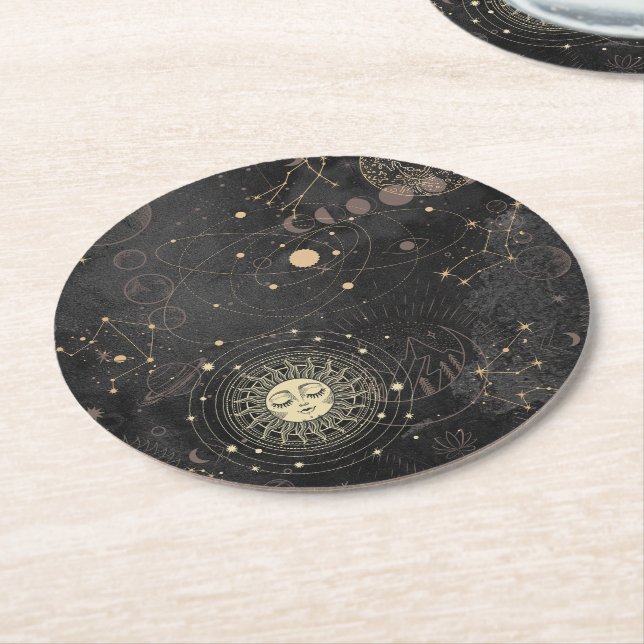 Black Guld Astrological Mönster Underlägg Papper Rund (Vinklad)