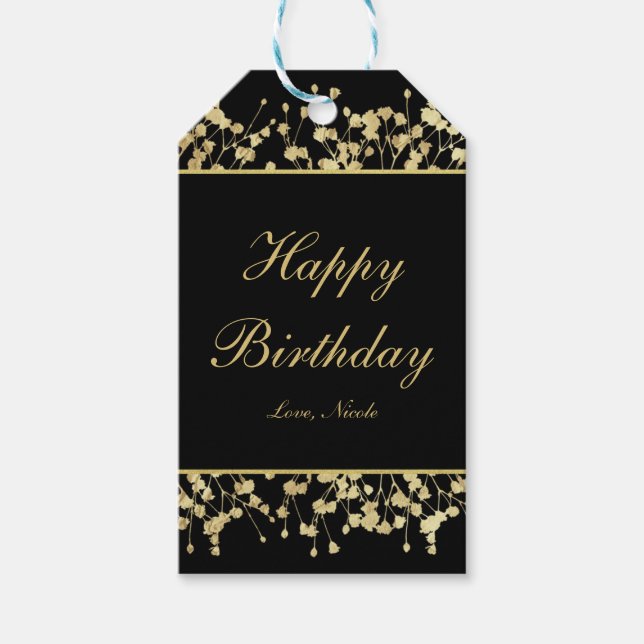 Black & Guld Babys Blommigt Märkre för utandning Presentetikett (Framsidan)