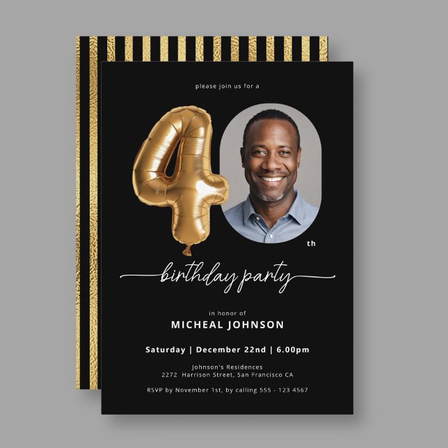 Black Guld Balloon 40:e födelsedagen Inbjudningar (Black Gold Balloon 40th Birthday Invitation)