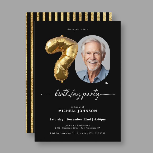 Black Guld Balloon 70:e födelsedagen Inbjudningar (Black Gold Balloon 70th Birthday Invitation)