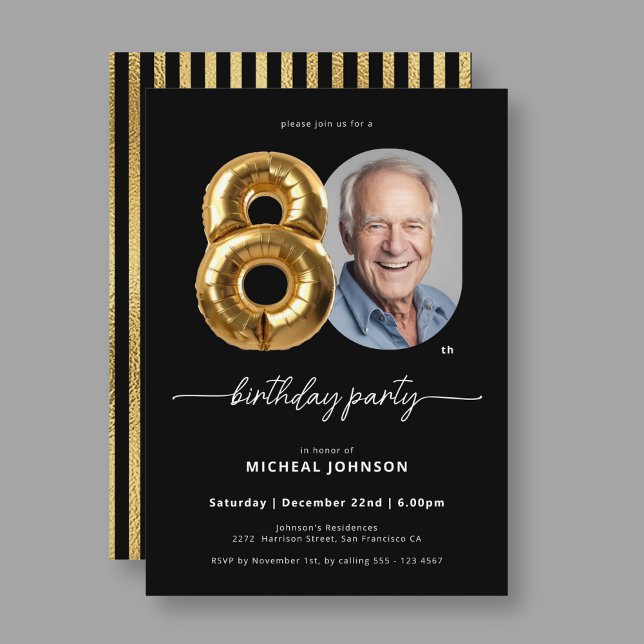 Black Guld Balloon 80:e födelsedagen Inbjudningar (Black Gold Balloon 80th Birthday Invitation)