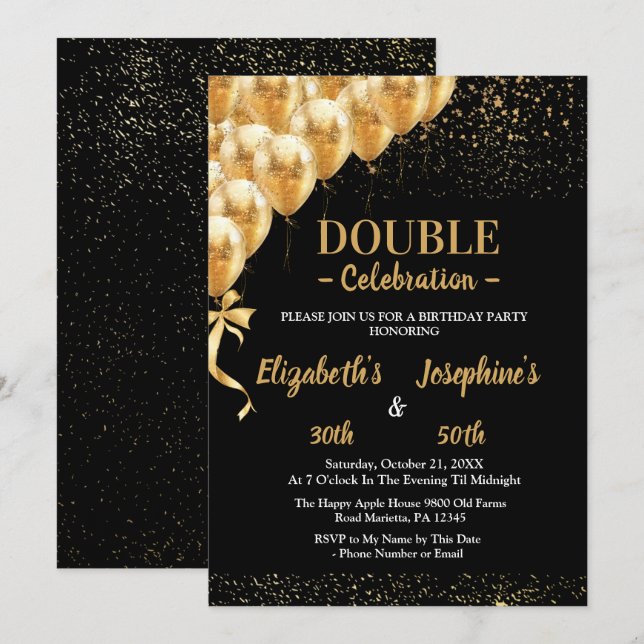 Black Guld Balloons glitter Dual Birthday Soiree Inbjudningar (Fram/baksida)
