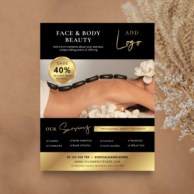 Black & Guld Beauty Spa Salon Services Marknadsför Reklamblad (Modern business flyer in black and gold with large photo and custom text)