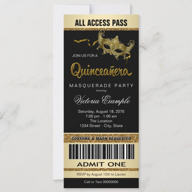 Black Guld Biljett Quinceanera Masquupperad Party Inbjudningar (Framsida)