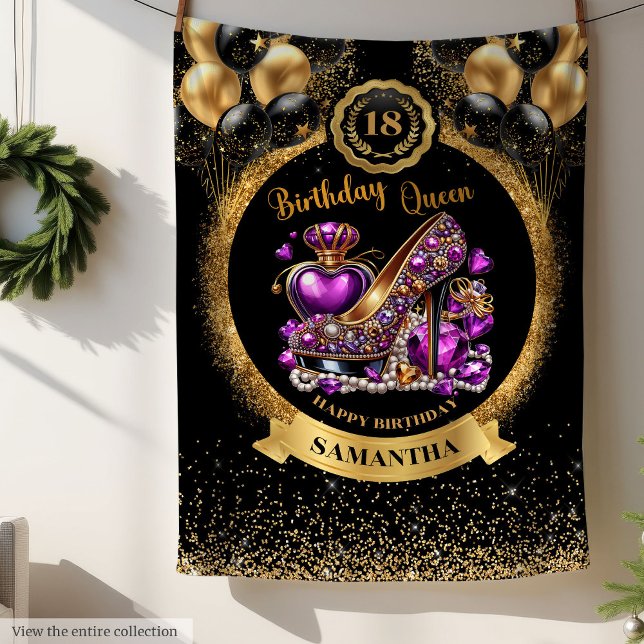 Black Guld Birthday Queen Högklackar Lila Fleecefilt (Black Gold Birthday Queen High Heels Purple Fleece Blanket )