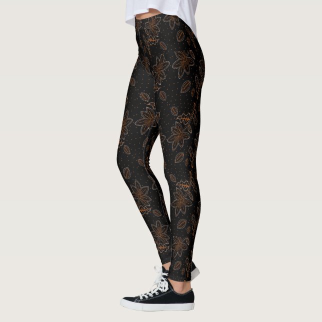 Black & Guld Blommigt Batik Mönster Leggings (Vänster)