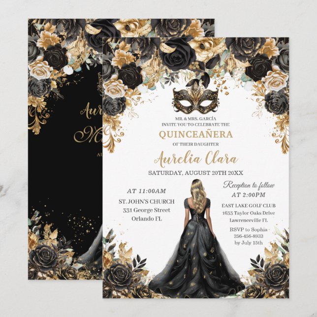 Black Guld Blommigt Blonde Masquerad Quinceañera Inbjudningar (Fram/baksida)
