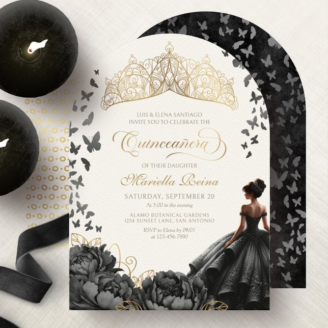 Black Guld Blommigt Butterflies Krona Quinceanera Inbjudningar (Skapare uppladdad)