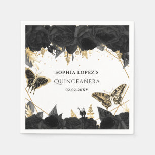 Black Guld Blommigt Butterflies Quinceanera Pappersservett