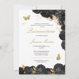 Black & Guld Blommigt Butterfly Elegant Quinceañer Inbjudningar