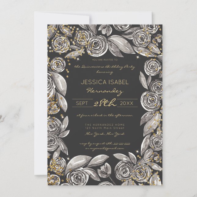 Black Guld Blommigt Confetti Watercolor Quinceañer Inbjudningar (Framsida)