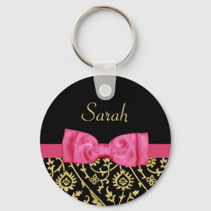 Black Guld Blommigt Damask Rosa Bow och Chic Namn Nyckelring