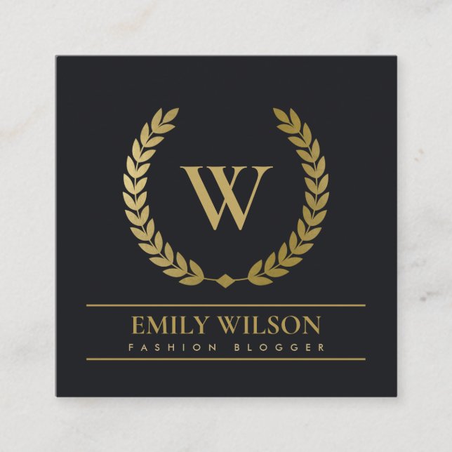 BLACK GULD BLOMMIGT LAUREL WREATH INITIAL MONOGRAM FYRKANTIGT VISITKORT (Framsida)