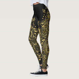Black & Guld Blommigt Mandala Ornament Leggings