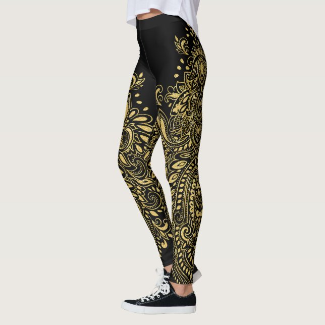 Black & Guld Blommigt Mandala Ornament Leggings (Vänster)