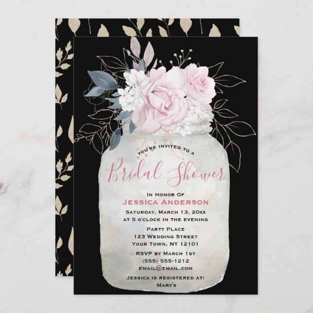 Black Guld Blommigt Mason Burk Möhippa  Inbjudningar (Fram/baksida)