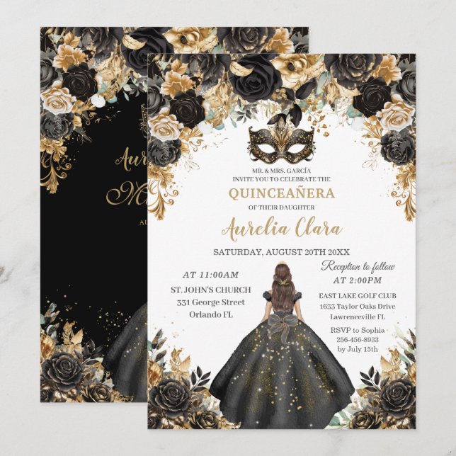 Black Guld Blommigt MasqueraBoll Quinceañera Inbjudningar (Fram/baksida)
