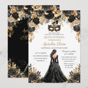Black Guld Blommigt MasqueraBoll Quinceañera Inbjudningar