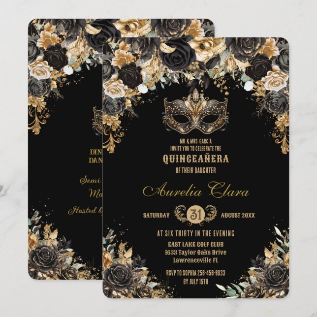 Black Guld Blommigt MasqueraBoll Quinceañera Inbjudningar (Fram/baksida)