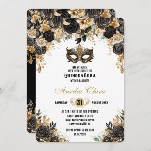 Black Guld Blommigt MasqueraBoll Quinceañera Inbjudningar