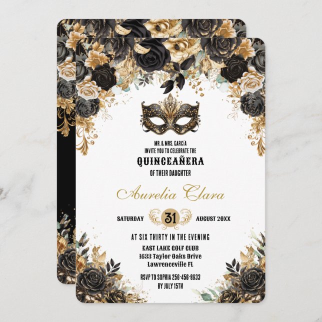 Black Guld Blommigt MasqueraBoll Quinceañera Inbjudningar (Fram/baksida)