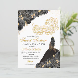 Black & Guld Blommigt Masquerauppad Sweet 16-inbju Inbjudningar