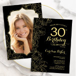 Black Guld Blommigt Photo 30års födelsedag Party Inbjudningar<br><div class="desc">Black guld blommigt 30års födelsedag-fest bjuds in med ditt foto på baksidan av kortet. Minimalistisk modern design med botaniska konturaccenter för teckning, faux guld-folie och typografi-skript. Enkel inbjudan-kortsperfekt för trendig för en snyggt kvinna på dagen firande. Kan anpassas till vilken ålder som helst. Skrivna Zazzle-inbjudningar eller digital utskrivbar mall för...</div>