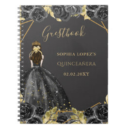 Black Guld Blommigt Princess Quinceanera Guest Bok Anteckningsbok