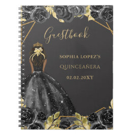 Black Guld Blommigt Princess Quinceanera Guest Bok Anteckningsbok