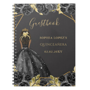 Black Guld Blommigt Princess Quinceanera Guest Bok Anteckningsbok