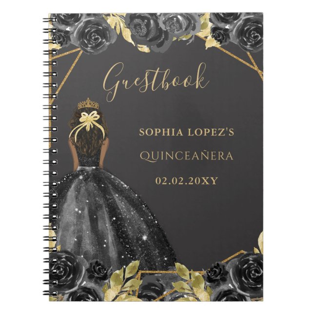 Black Guld Blommigt Princess Quinceanera Guest Bok Anteckningsbok (Framsidan)