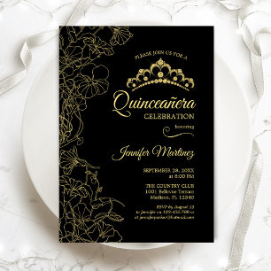 Black Guld Blommigt Quinceanera Party Inbjudningar