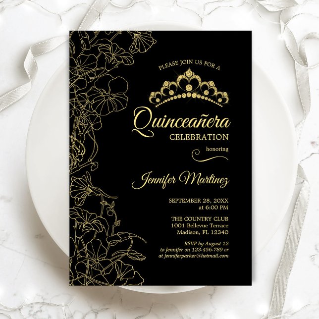 Black Guld Blommigt Quinceanera Party Inbjudningar (Skapare uppladdad)