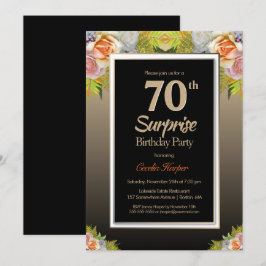 Black Guld Blommigt Surprise 70:e Födelsedagsfeste Inbjudningar