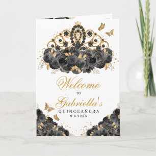 Black & Guld Blommigt Tiara Quinceanera Program