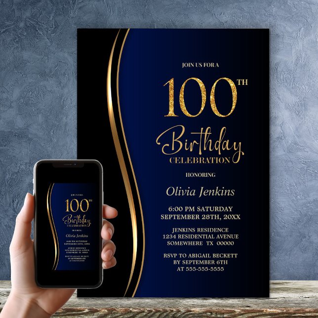Black Guld Blue 100:e Födelsedagsfesten Inbjudningar (Skapare uppladdad)