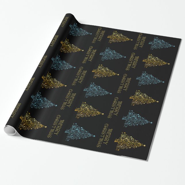 Black Guld Blue Elegant Chic Julgran Stars Presentpapper (Utrullad)
