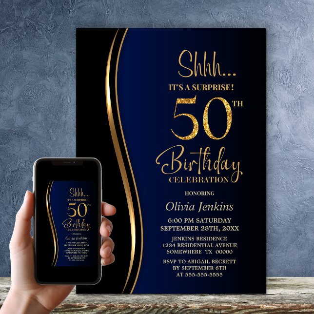 Black Guld Blue Surprise 50:e födelsedagen Inbjudningar (Skapare uppladdad)