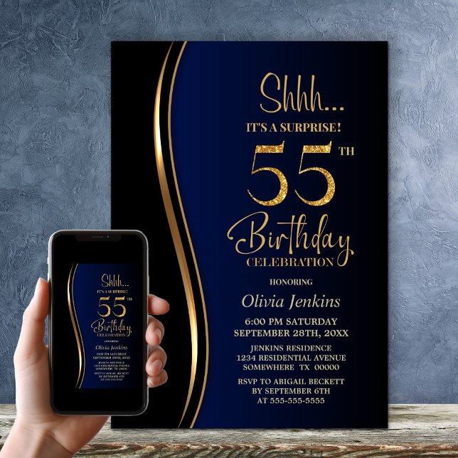 Black Guld Blue Surprise 55:e födelsedagen Inbjudningar (Skapare uppladdad)