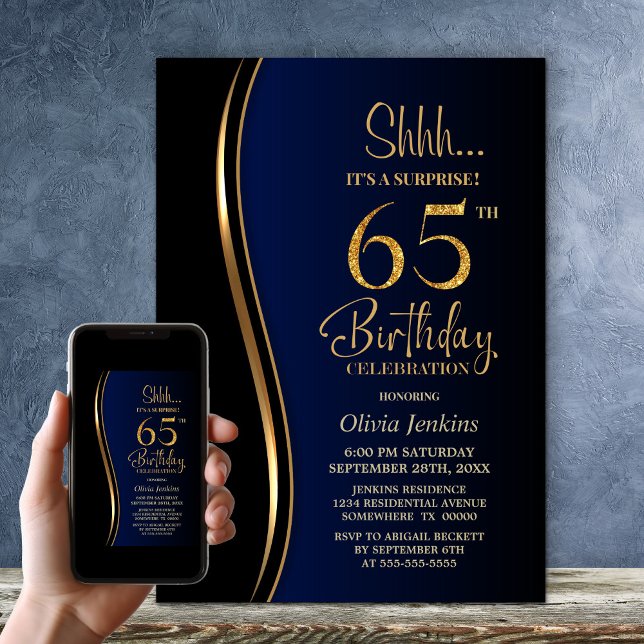 Black Guld Blue Surprise 65e Birthday Inbjudningar (Skapare uppladdad)