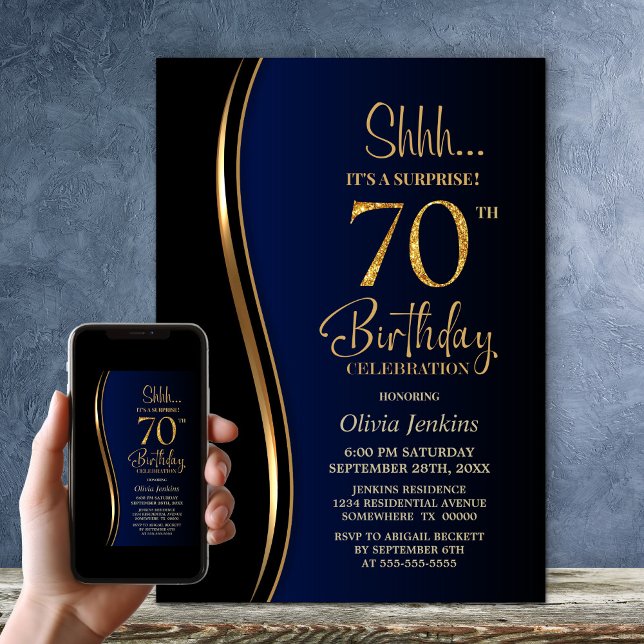 Black Guld Blue Surprise 70:e födelsedagen Inbjudningar (Skapare uppladdad)