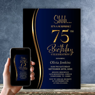 Black Guld Blue Surprise 75:e Birthday Inbjudningar